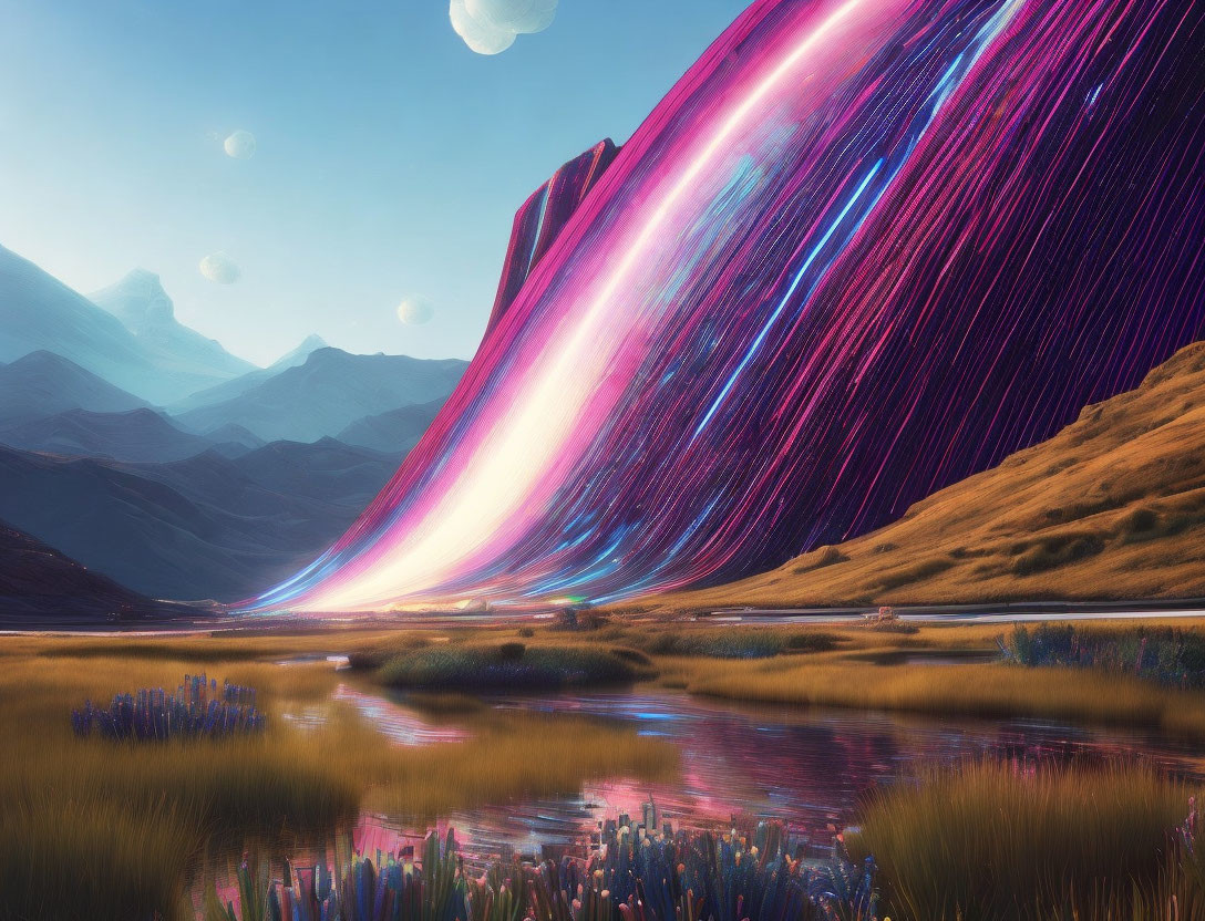 Colorful Sci-Fi Landscape with Energy Cascade, Mountains, Valley, Flora, and Moons