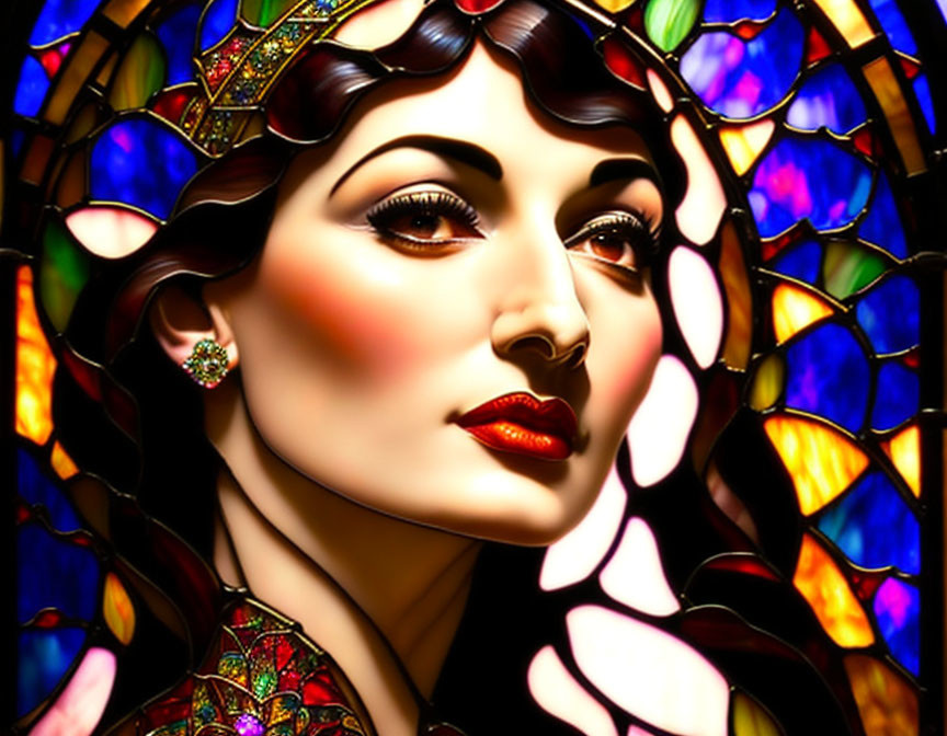 Woman with Stylized Crown and Vibrant Makeup on Stained Glass Background