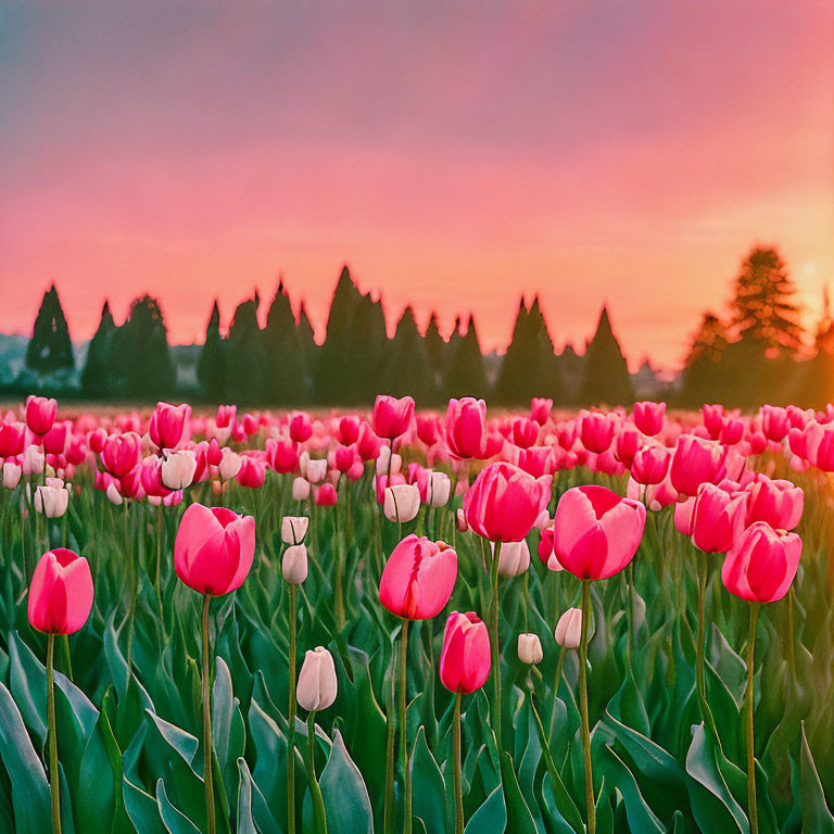 Colorful red and white tulip field under pink sunset sky with silhouetted trees