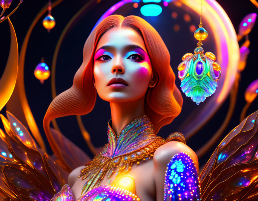 Mystical digital artwork of woman in ornate attire with neon lights