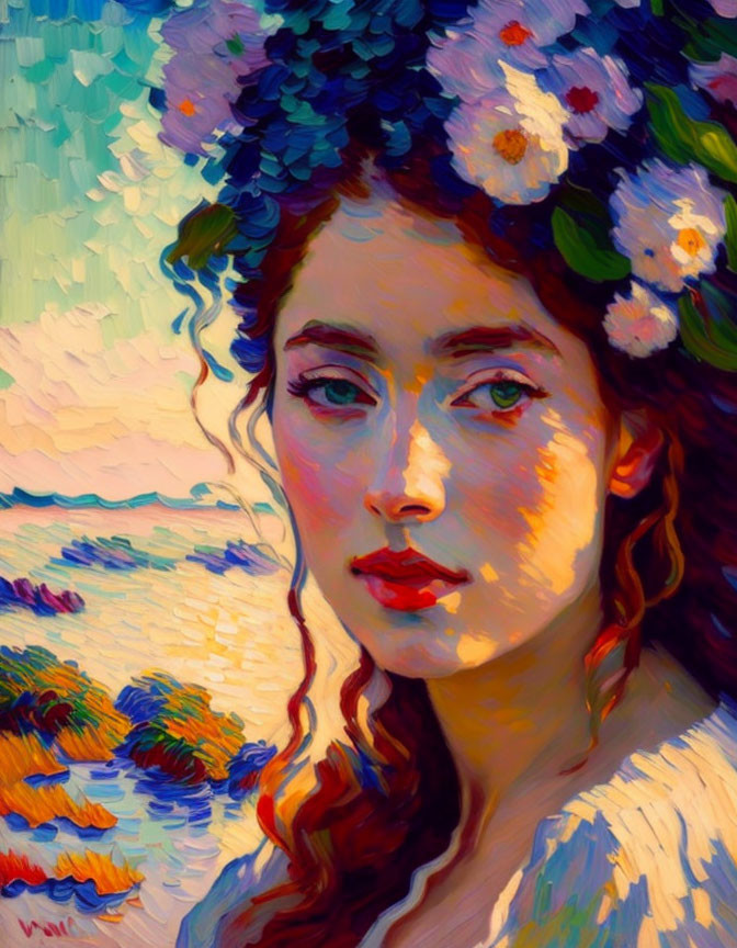 Vibrant painting: Woman with flower crown and curly hair on scenic background