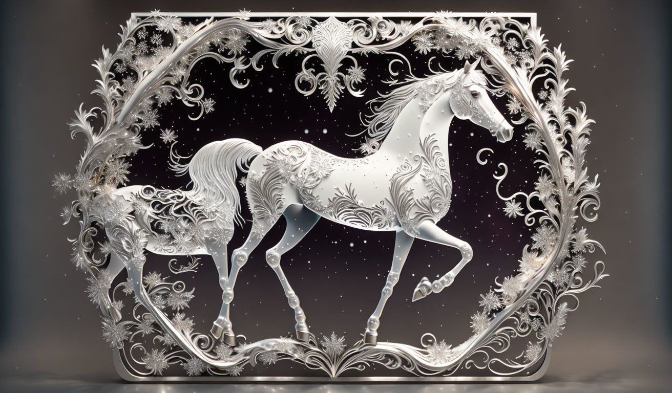 Silver frame with floral motifs surrounding a horse on a starry background