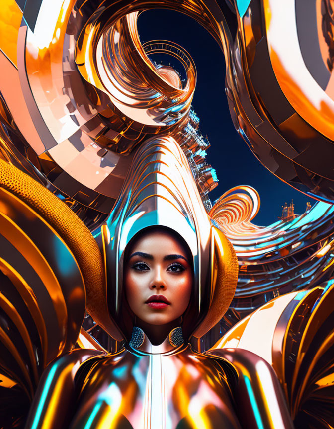 Futuristic woman portrait with sleek headgear and golden swirls on high-tech backdrop