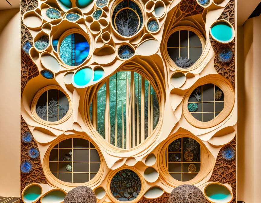 Modern interior wall with organic shapes and circular windows showcasing bamboo and blue sky views.