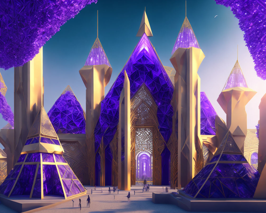 Futuristic cityscape with purple crystal-like towers and illuminated geometric structures at twilight