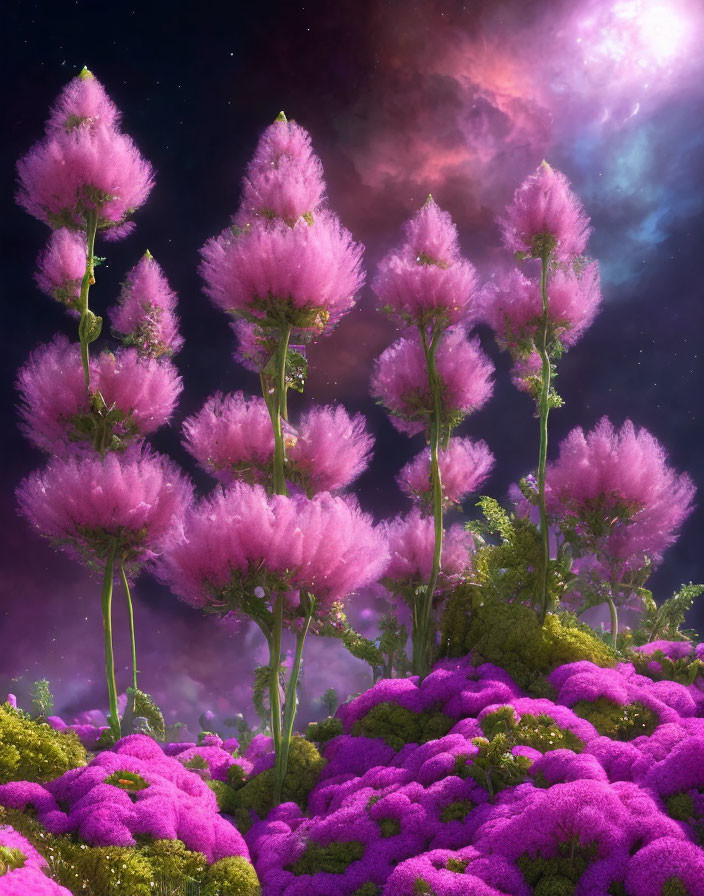 Vibrant purple fantasy flowers under starry sky with glowing celestial body