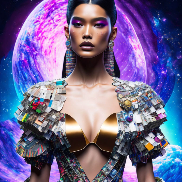 Avant-garde outfit woman with striking makeup in cosmic setting