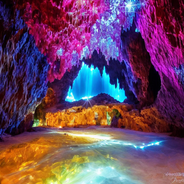 Colorful Cave Interior with Stalactites and Luminous Blue Opening