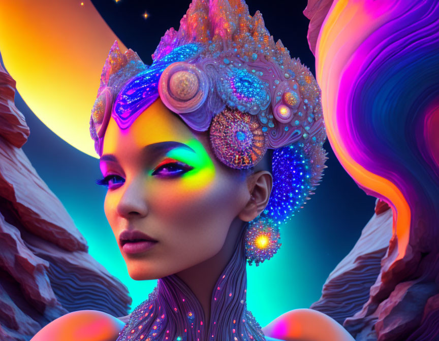 Colorful digital artwork: Woman with neon headdress in surreal landscape