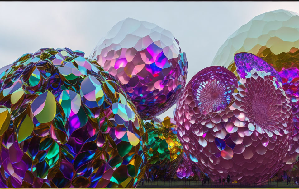 Vibrant iridescent spherical sculptures with geometric patterns outdoors