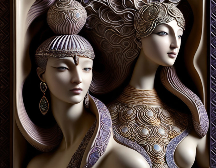 Stylized female figures with intricate hairstyles and detailed costumes on textured backdrop