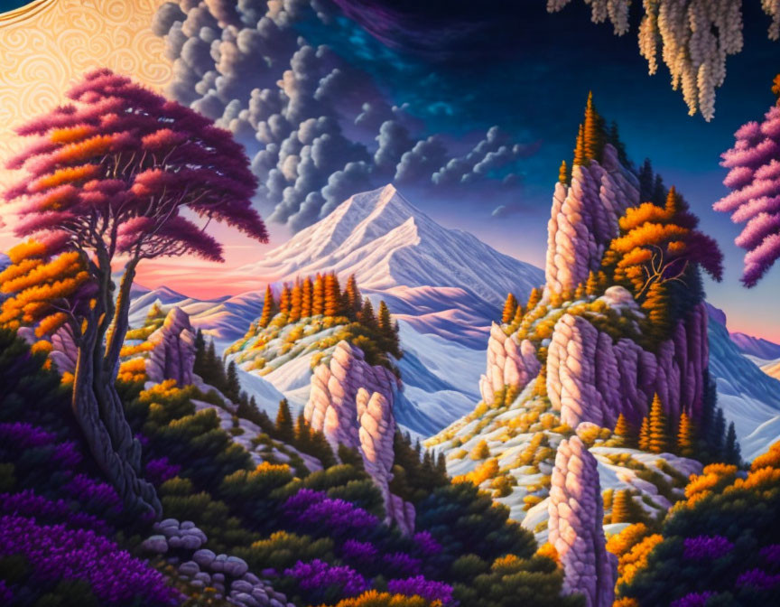 Vibrant landscape with mountain backdrop and fiery sunset skies