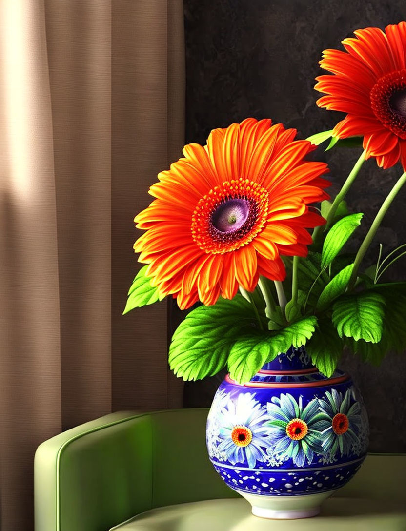 Orange Gerbera Flowers in Blue Vase Next to Green Chair and Curtains