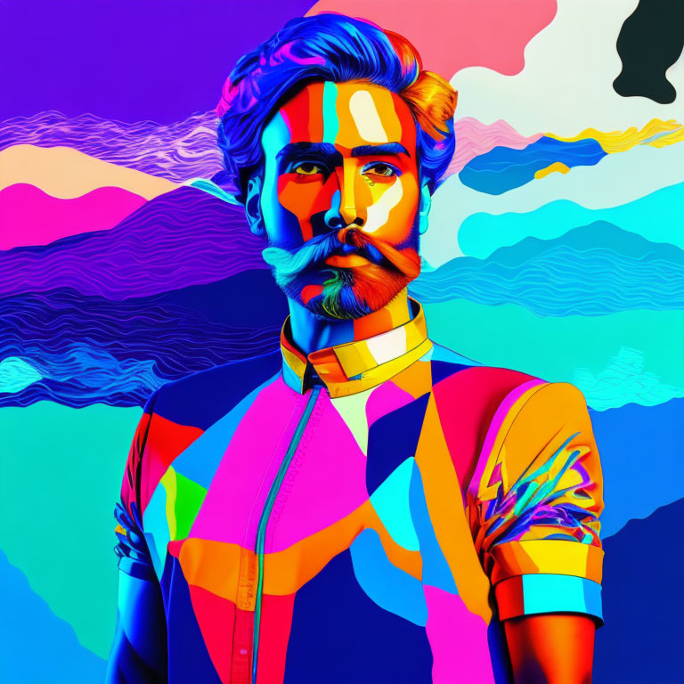 Vibrant neon digital portrait of a bearded man in surreal landscape