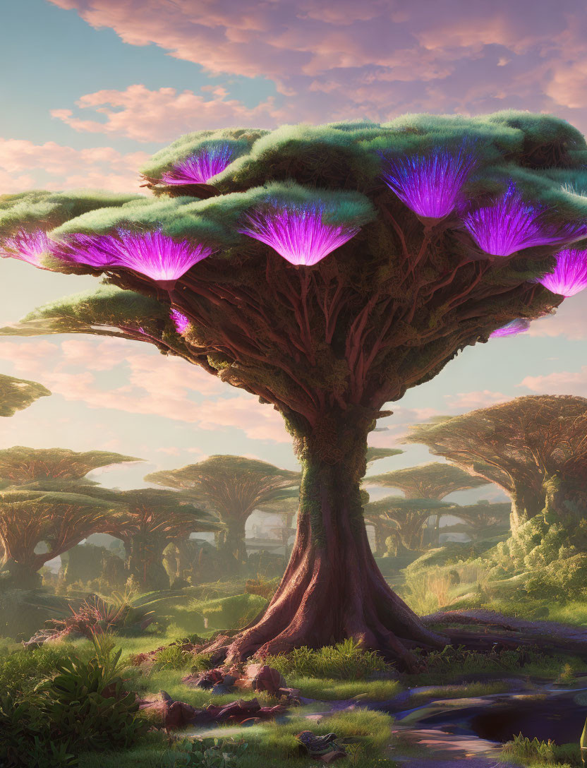 Fantastical landscape: Giant mushroom-like trees, purple undersides, lush greenery, serene stream