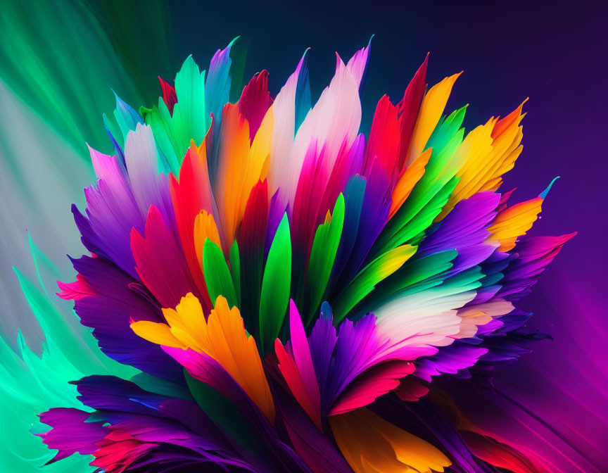 Colorful feather-like shapes on dark gradient background