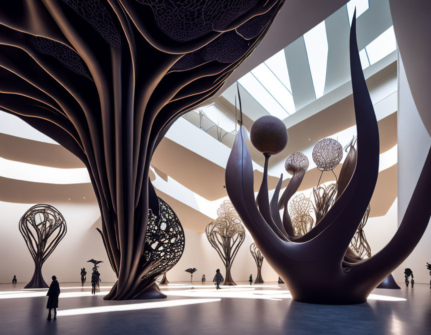 Contemporary art gallery with tree-like sculptures and geometric ceiling design.