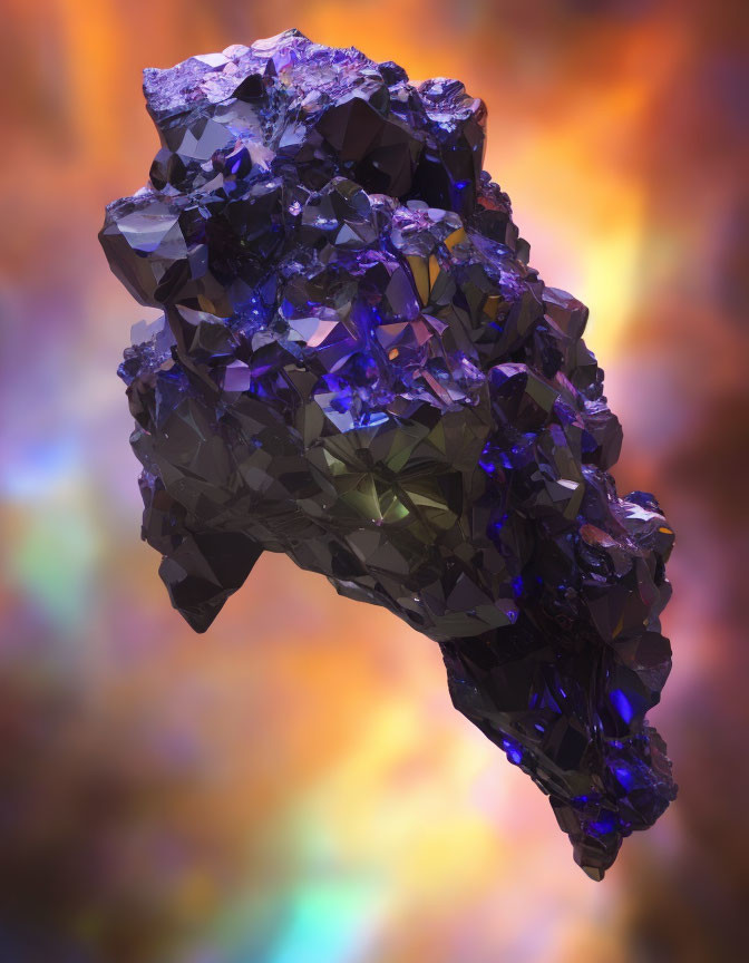 Lustrous Crystal Cluster with Purple and Blue Tones on Orange Background