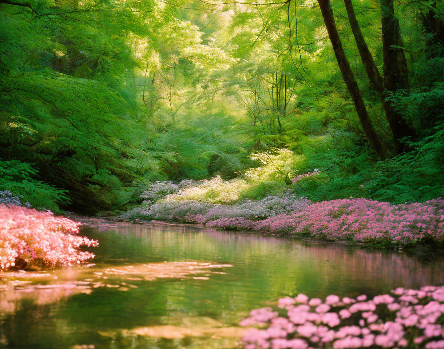 Lush Green Forest with Tranquil River and Pink Blossoms