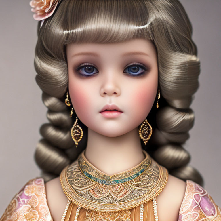 Digital artwork: Doll-like girl with blue eyes, brown hair, gold earrings, ornate orange dress