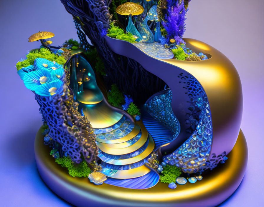 Colorful 3D rendering of fantastical ecosystem with blue mushrooms and alien flora