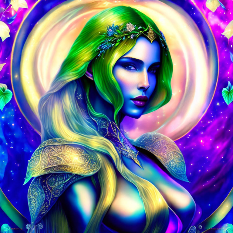 Fantasy female figure with green hair and leafy crown in galaxy setting