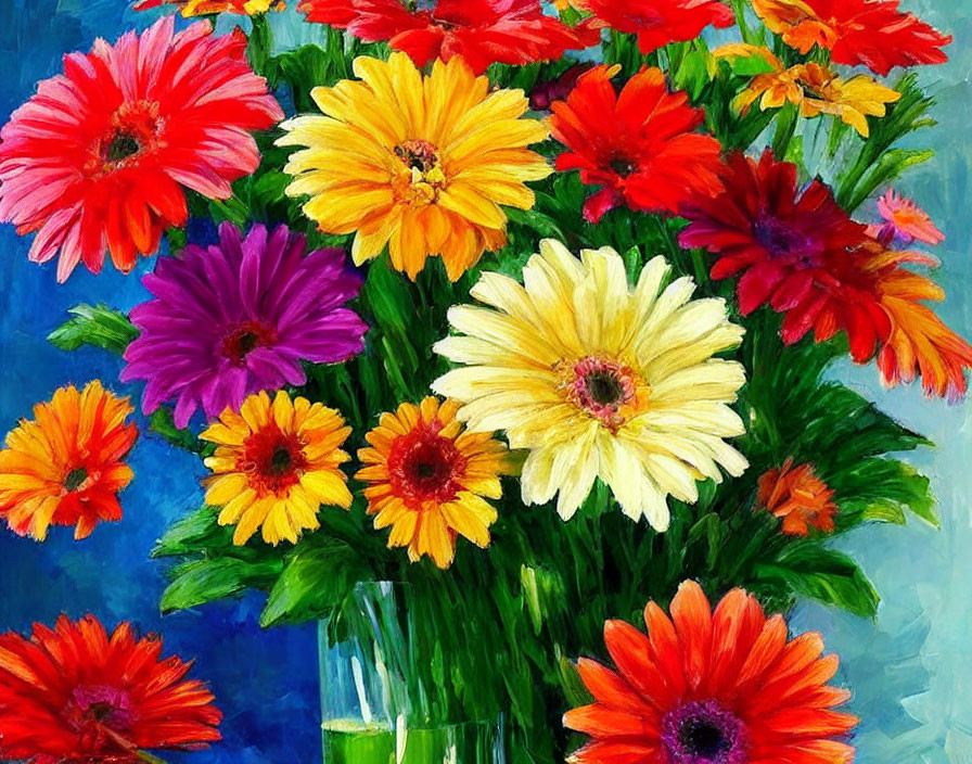 Vibrant Red, Yellow, and Purple Flowers in Glass Vase on Blue Background