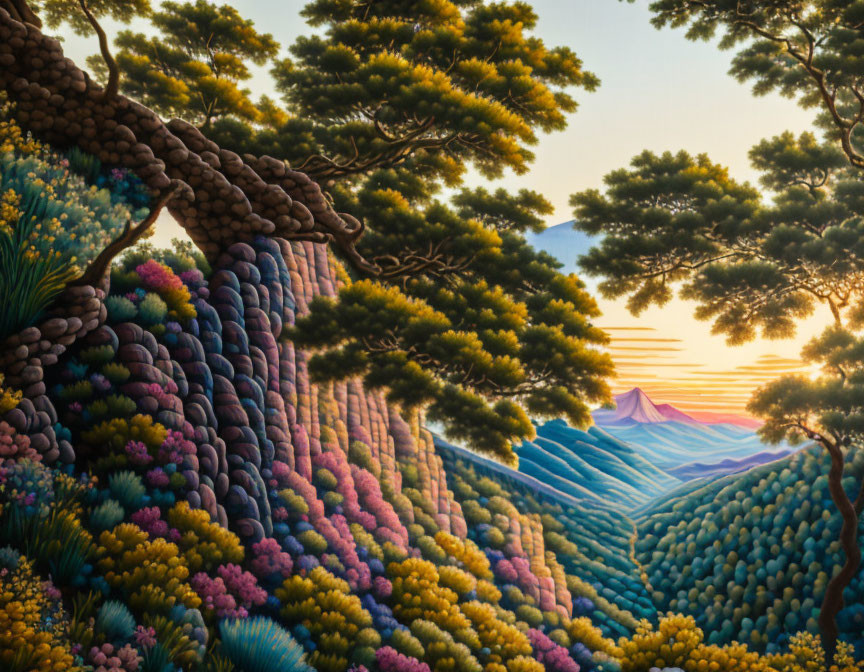 Colorful Forest Painting with Mountain and Sky