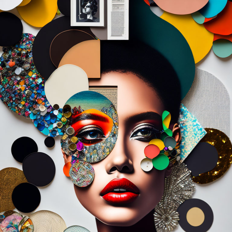 Colorful Circles and Textures Surround Stylized Woman's Face