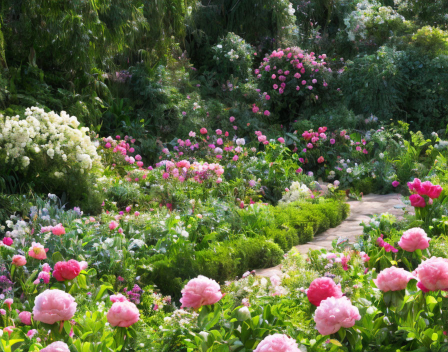 Vibrant Pink Peonies and Flowers in Lush Garden Path