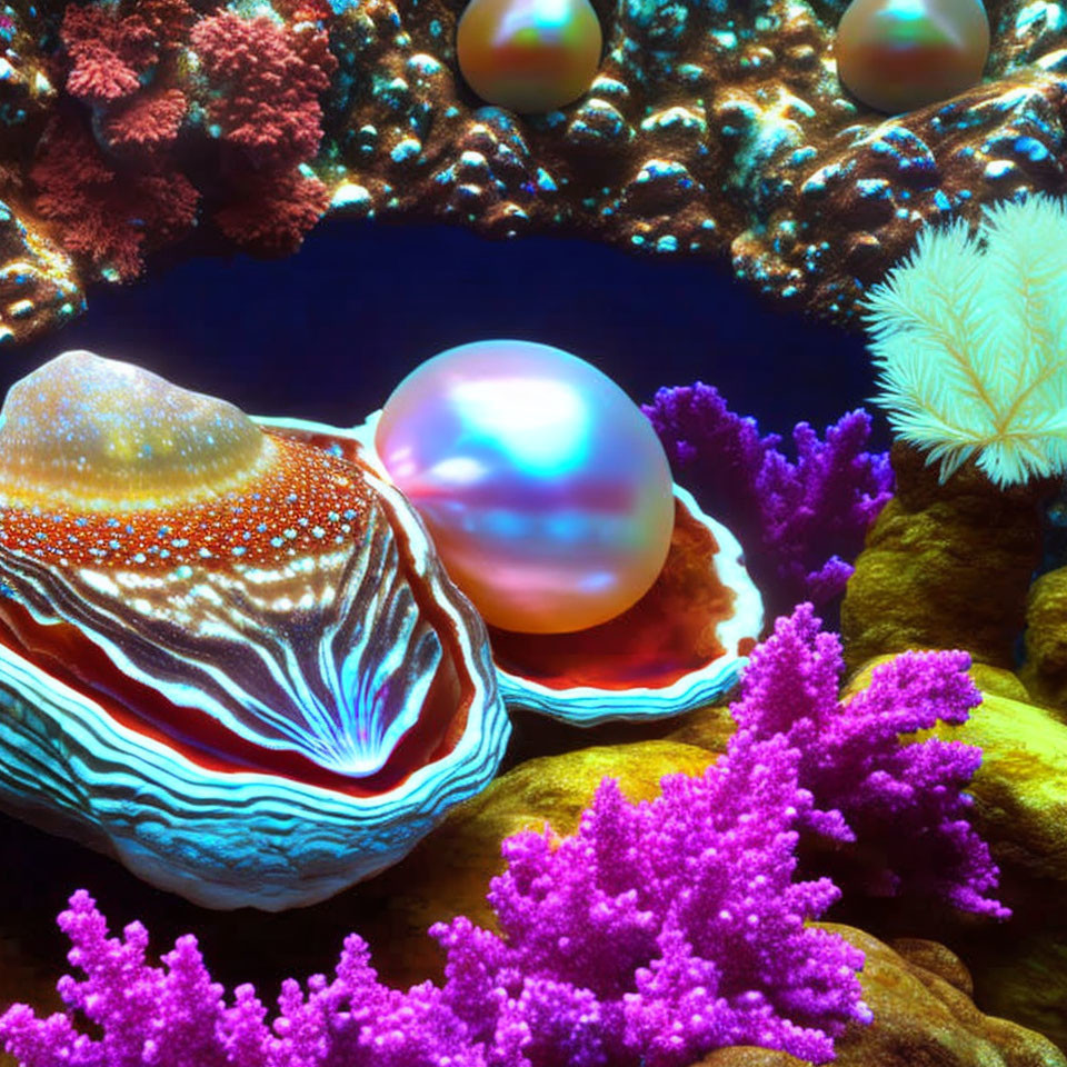 Colorful Underwater Scene with Iridescent Clams and Corals