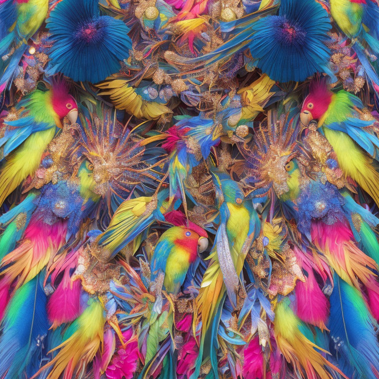 Colorful Parrot and Floral Kaleidoscope Pattern