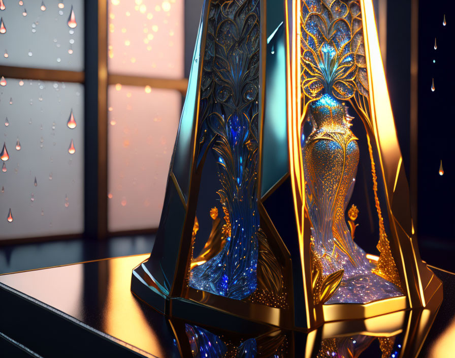 Blue and Gold Ornate Vase on Reflective Surface with Raindrops and Warm Light