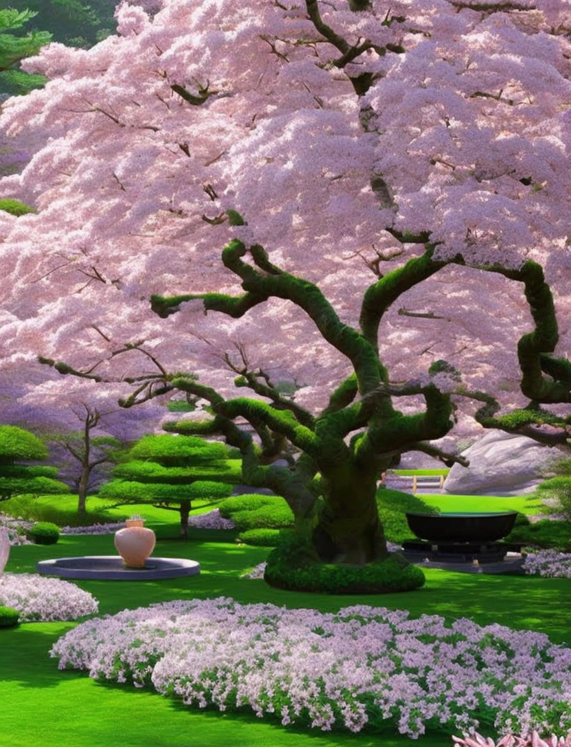 Lush Garden with Blooming Cherry Blossom Tree