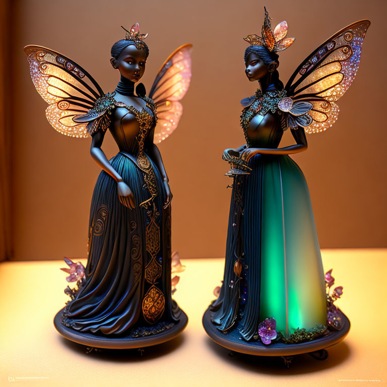 Stylized women figurines with fairy wings in colorful gradient on warm backdrop