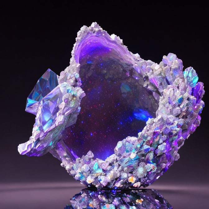 Colorful Geode with Purple and Blue Crystals and Galaxy Pattern