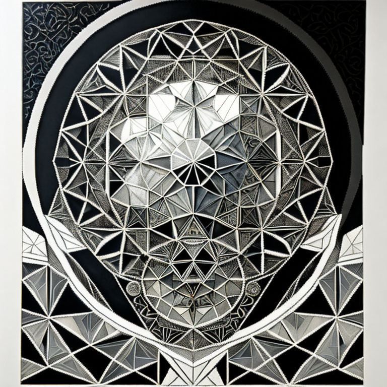 Intricate monochromatic geometric mandala with overlapping circles and polygonal patterns