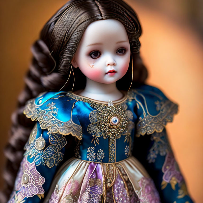 Porcelain doll in blue and gold dress with braided brown hair