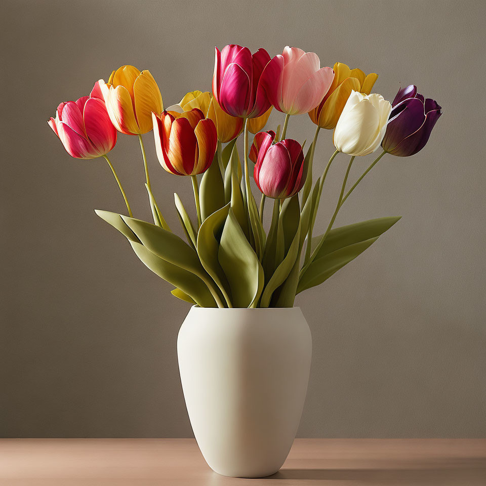 Vibrant tulip bouquet in yellow, red, pink, and purple in white vase