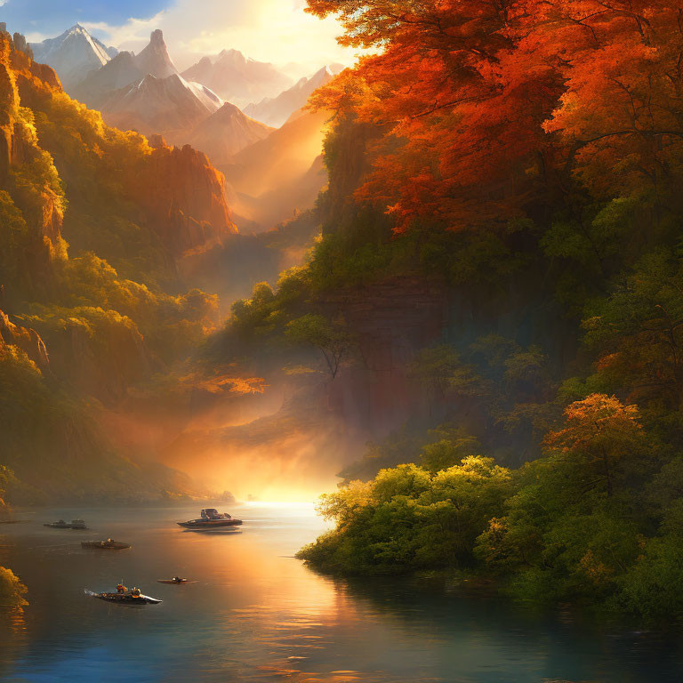 Autumn river landscape with boats, sunlight, mist, and mountains