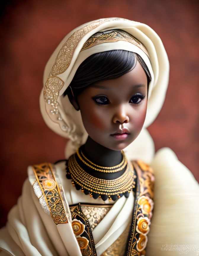 Detailed Doll in Cream & Gold Outfit with Ornate Headwear & Jewelry