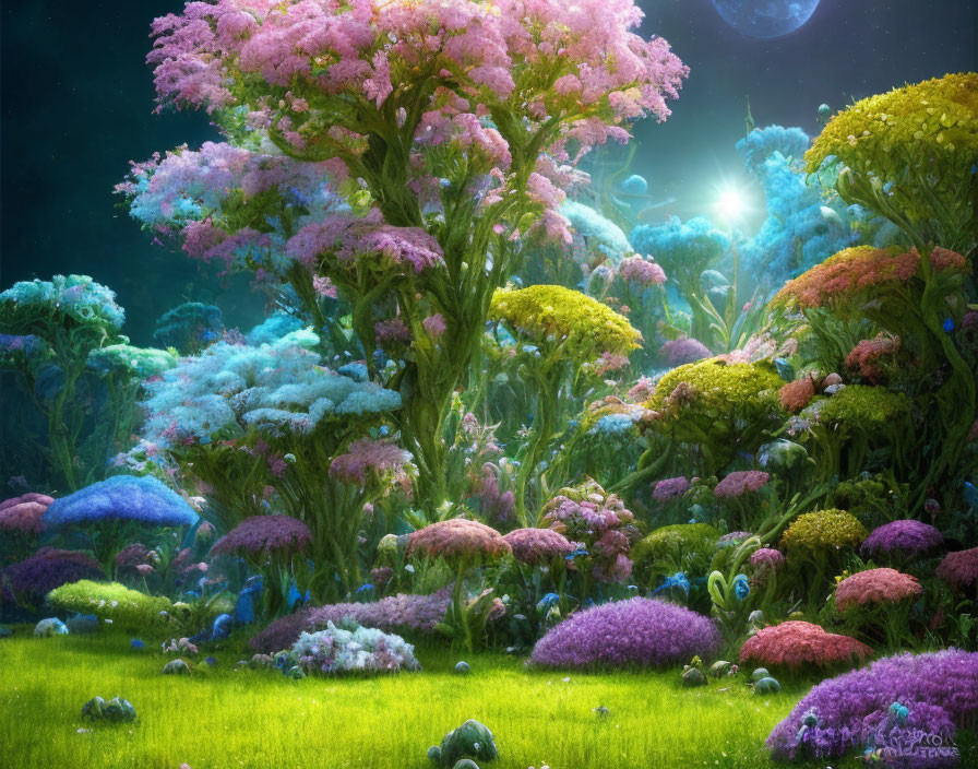 Vibrant fantasy landscape with fluffy, colorful trees under bright light