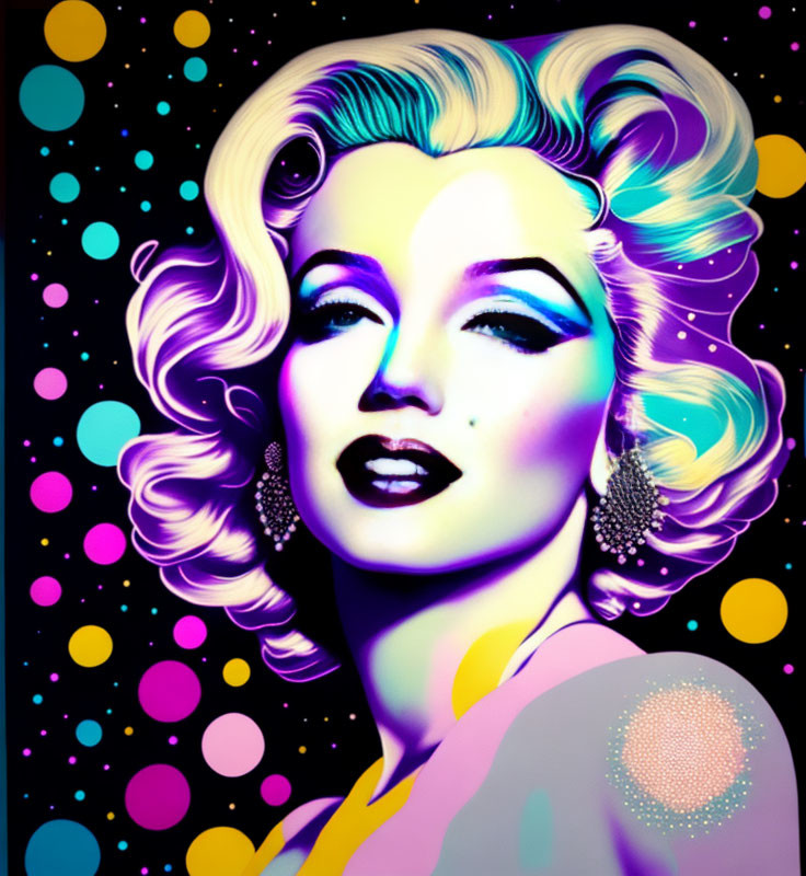 Colorful pop art portrait of woman with wavy hair and polka dot background