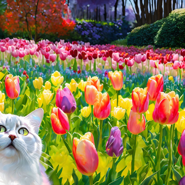 White Cat Surrounded by Colorful Tulips in Lush Garden