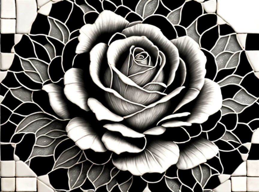 Monochrome rose with intricate petals on geometric mosaic background