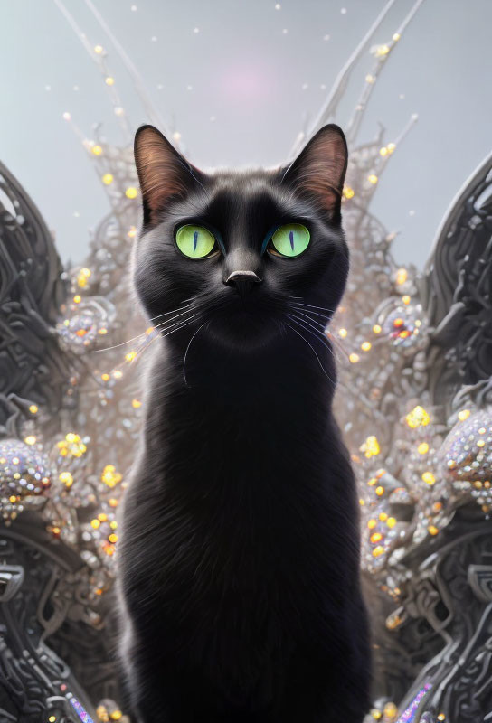 Black Cat with Green Eyes in Front of Ornate Mechanical Background