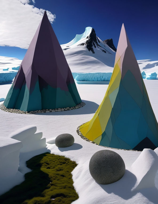 Abstract, Vibrant Geometric Sculptures on Snowy Landscape