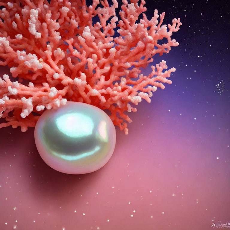 Pearl and Pink Coral Branches on Starry Background