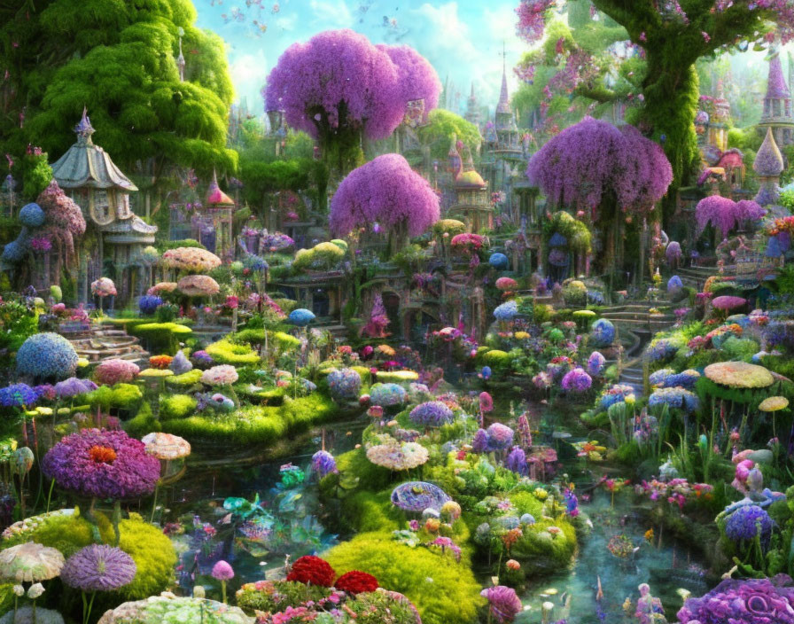 Fantasy garden with lush greenery, colorful flowers, whimsical structures, and tall purple trees by