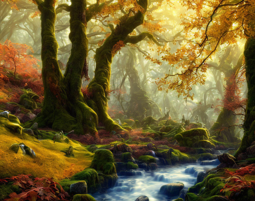 Serene Autumn Forest with Moss-Covered Stones & Golden Foliage